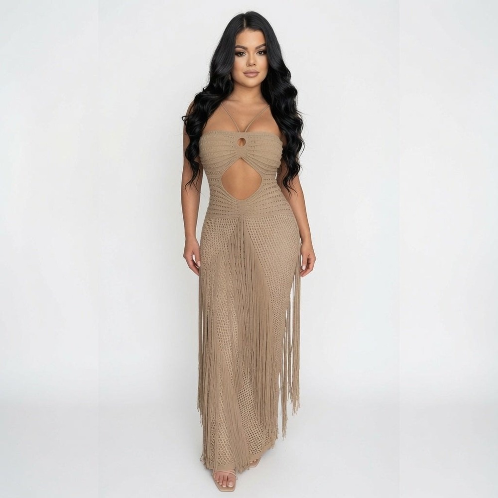 boho crochet fringe maxi dress M tan cutout lace up back resort